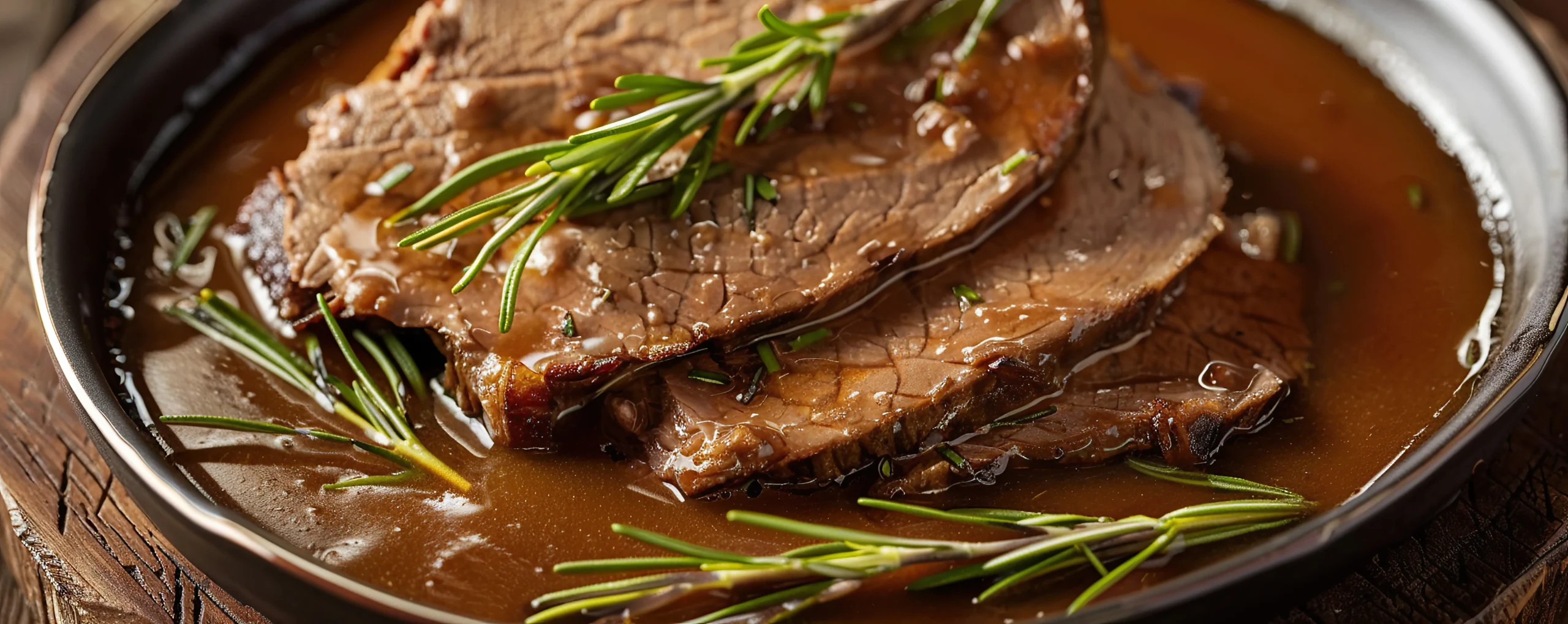 Delicious Slices Sauerbraten With Spicy Sauce Are Decorated With Rosemary Bowl